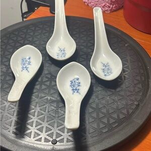 Elegant White and Blue Floral Ceramic Soup Spoons